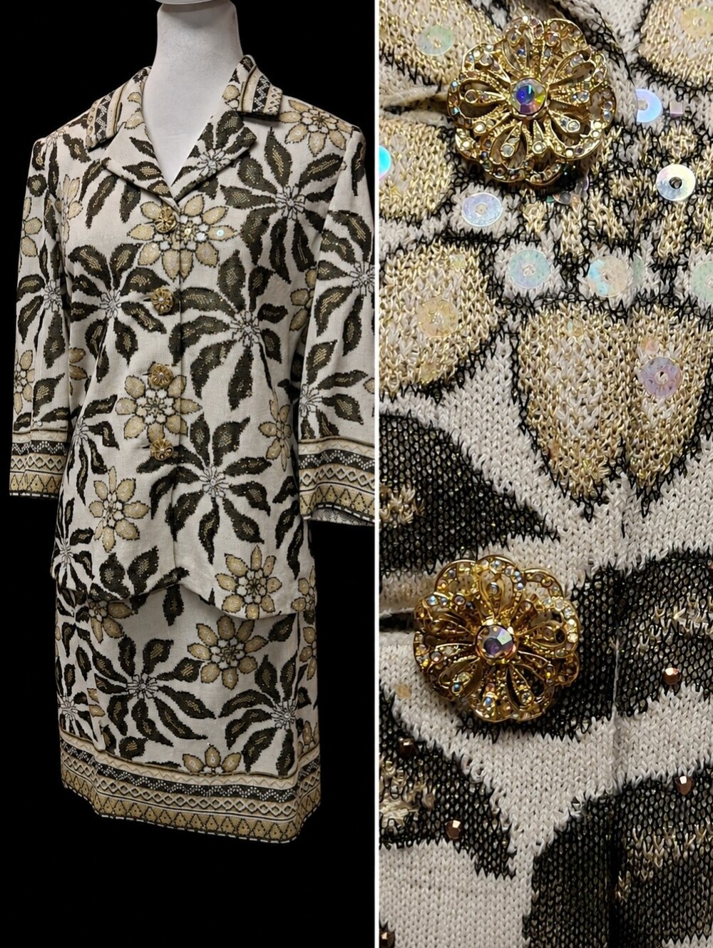 St. John Evening Floral Knit Blazer & Skirt Suit Set Neutral Beige Women Size 4